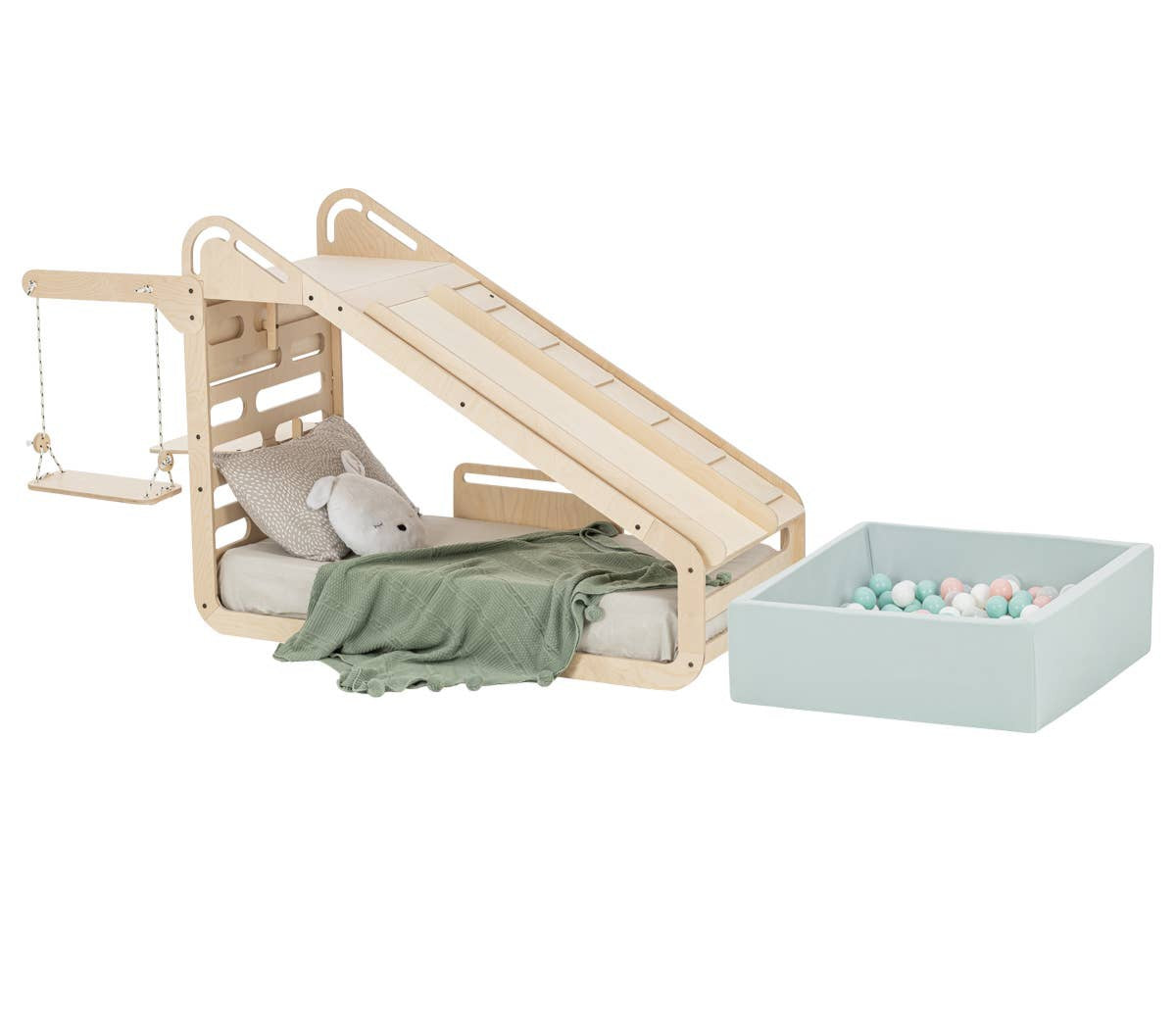 Letto montessori con scivolo, rampa, altalena, lavagna e banco