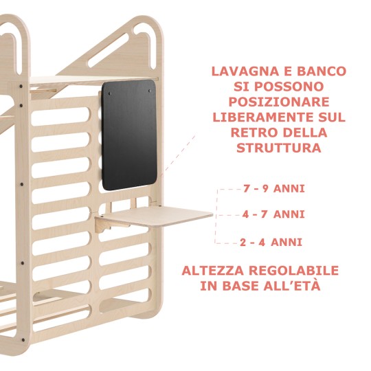 Letto montessori con scivolo, rampa, altalena, lavagna e banco